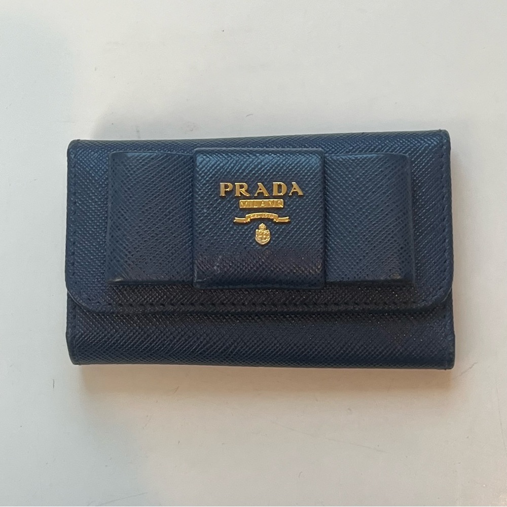 Prada Navy Blue & Gold Ribbon Bow Logo Small Wallet Key Case Holder Cardholder - Picture 1 of 12